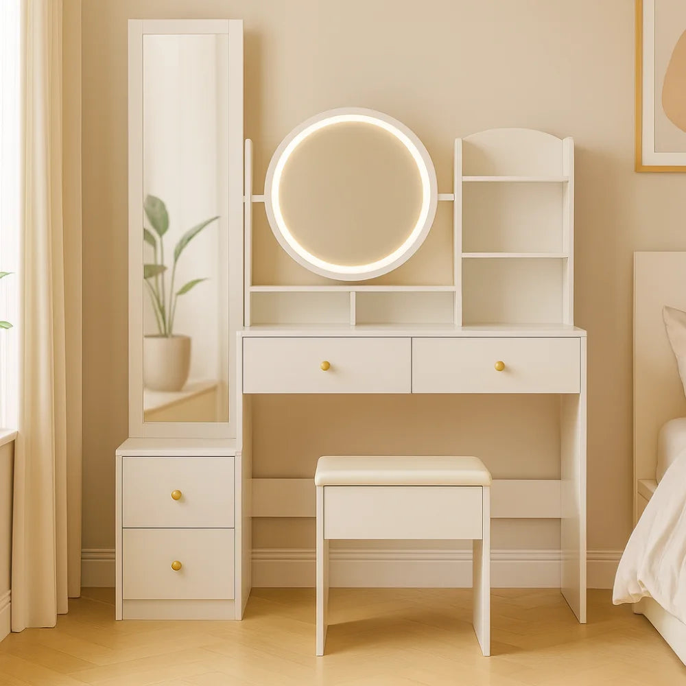 Coiffeuse Anna blanche avec miroir rond lumineux LED, armoire latérale et étagères