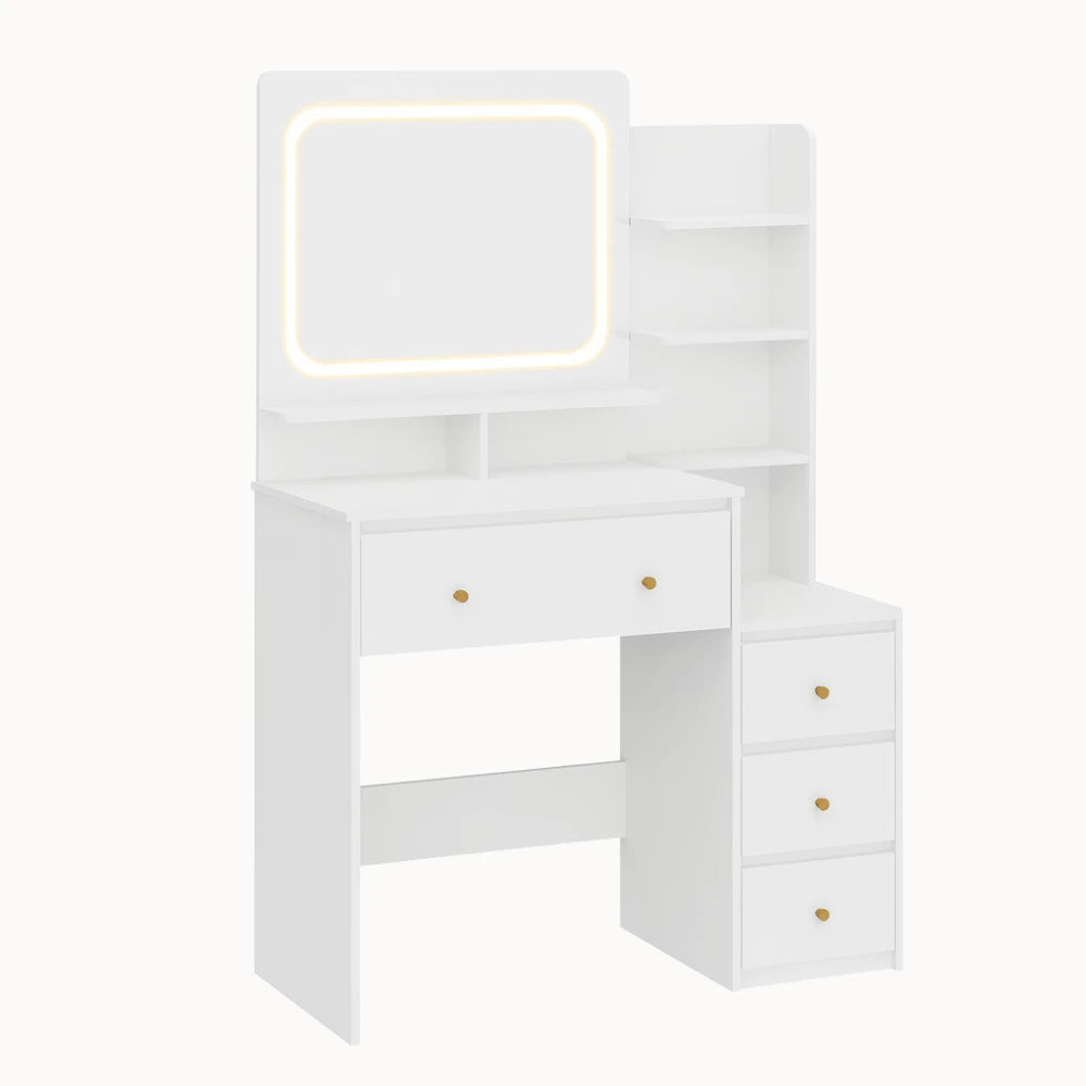 Coiffeuse CHLOÉ avec miroir LED réglable et rangements spacieux - CELARA 