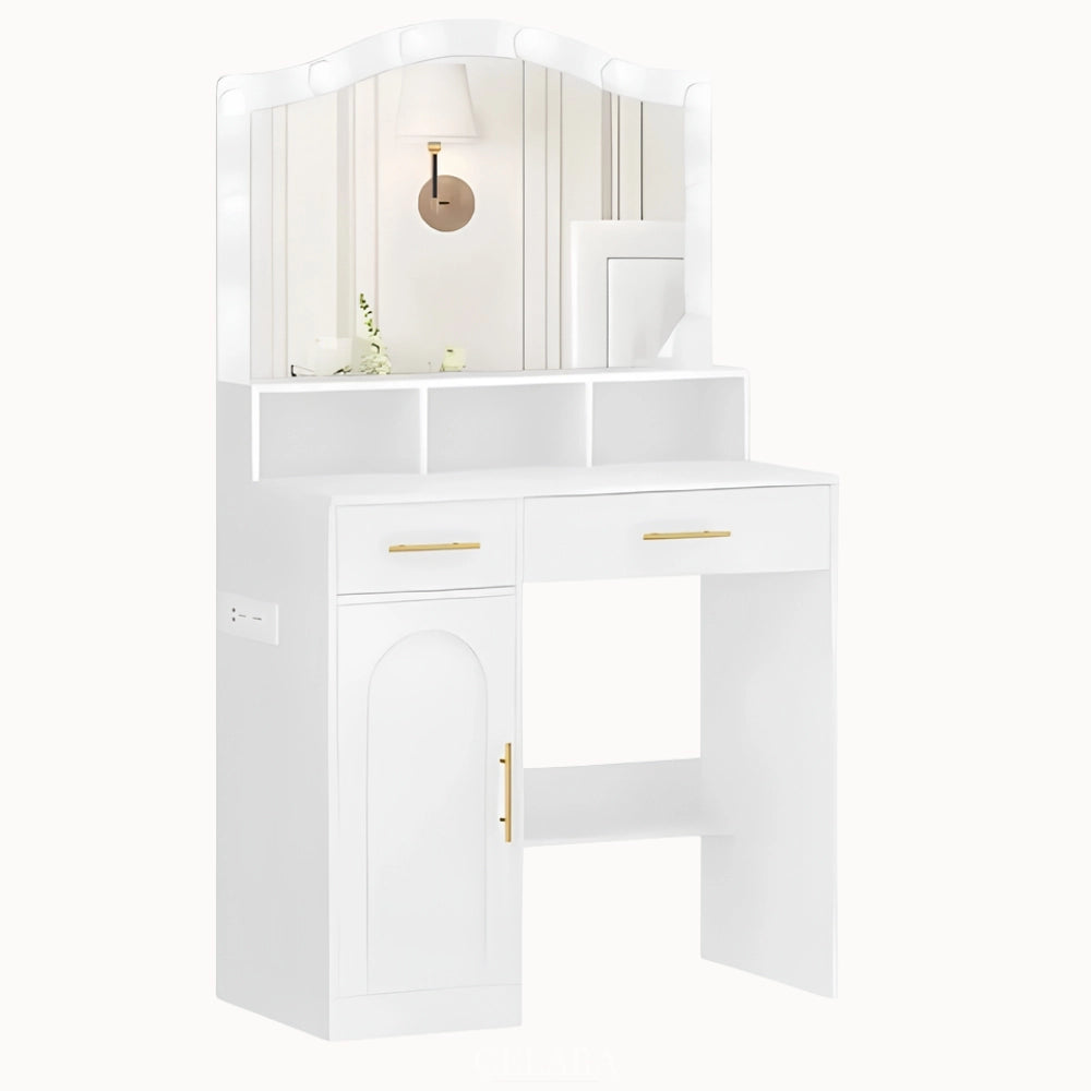Coiffeuse Clara blanche avec miroir LED et rangements pratiques – CELARA