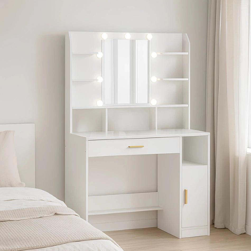 Coiffeuse blanche avec miroir LED et rangements modernes, meuble lumineux CELARA modèle ISALINE