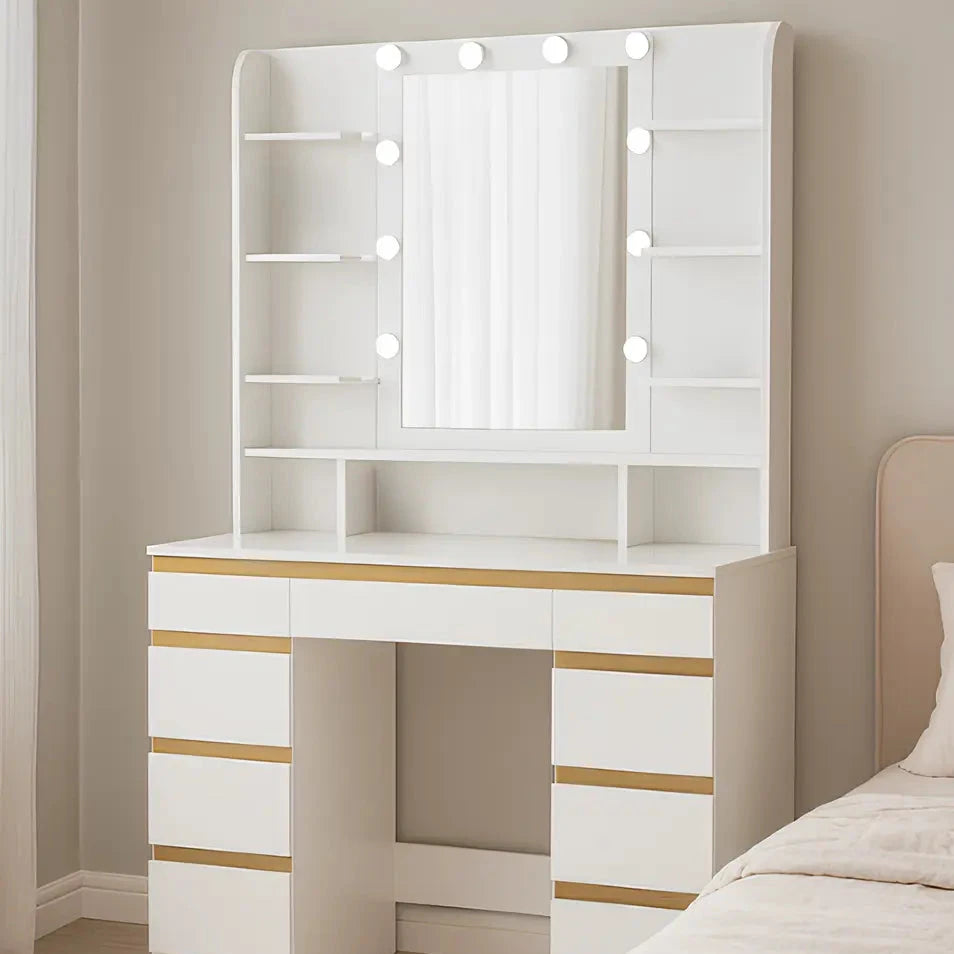 Coiffeuse moderne blanche avec miroir LED et rangements, meuble chic CELARA modèle LAURE
