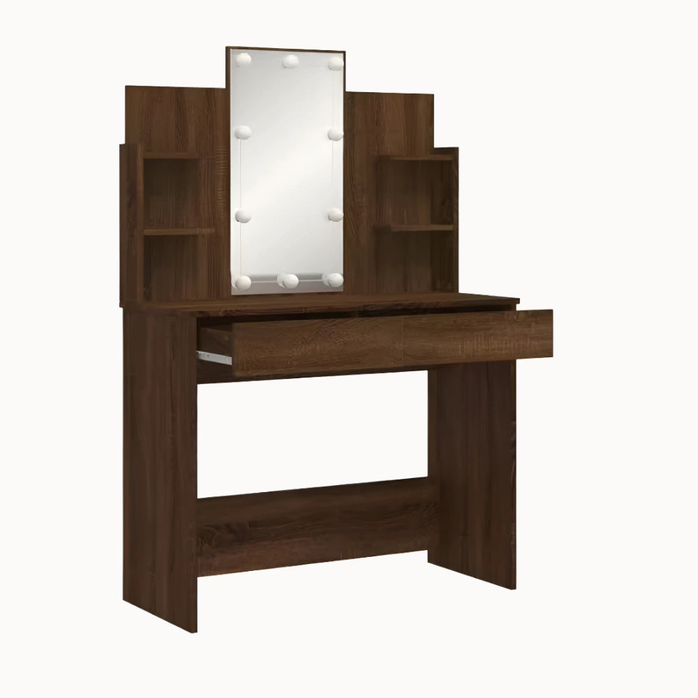 Coiffeuse LÉANE en bois avec miroir LED et rangements ouverts pour une chambre moderne - CELARA