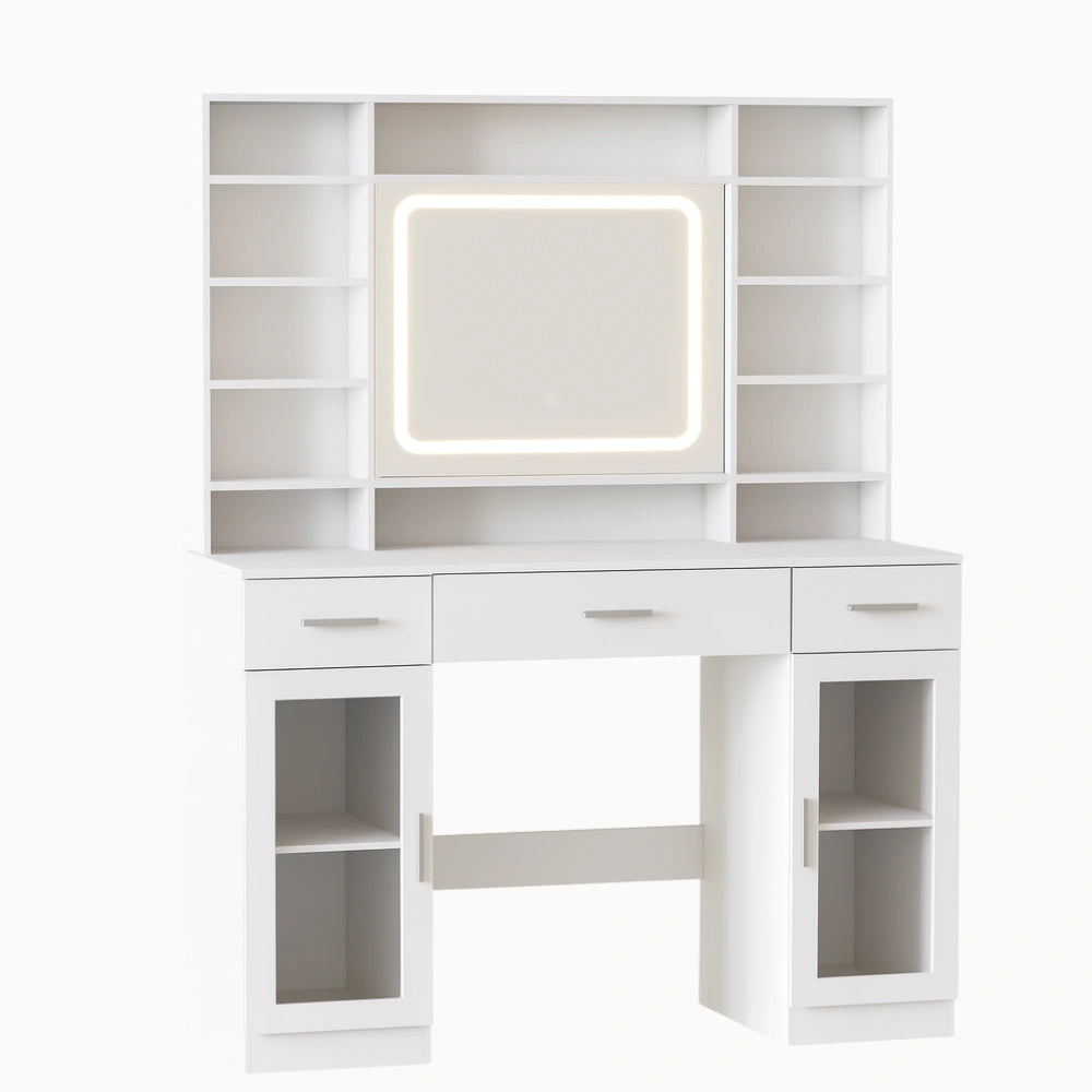 Coiffeuse LYS avec miroir LED réglable et rangements XXL pour une routine beauté élégante et organisée - CELARA