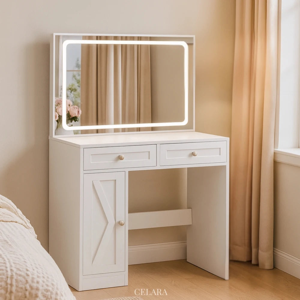 Coiffeuse blanche avec miroir LED réglable et plateau en verre trempé, meuble moderne CELARA modèle LIVIA