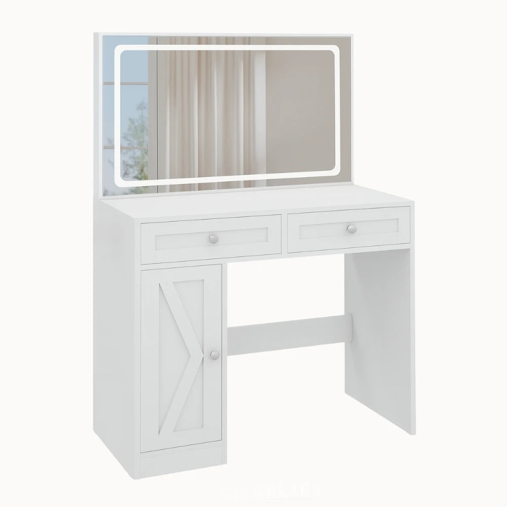Coiffeuse avec miroir LED blanc et rangements – CELARA
