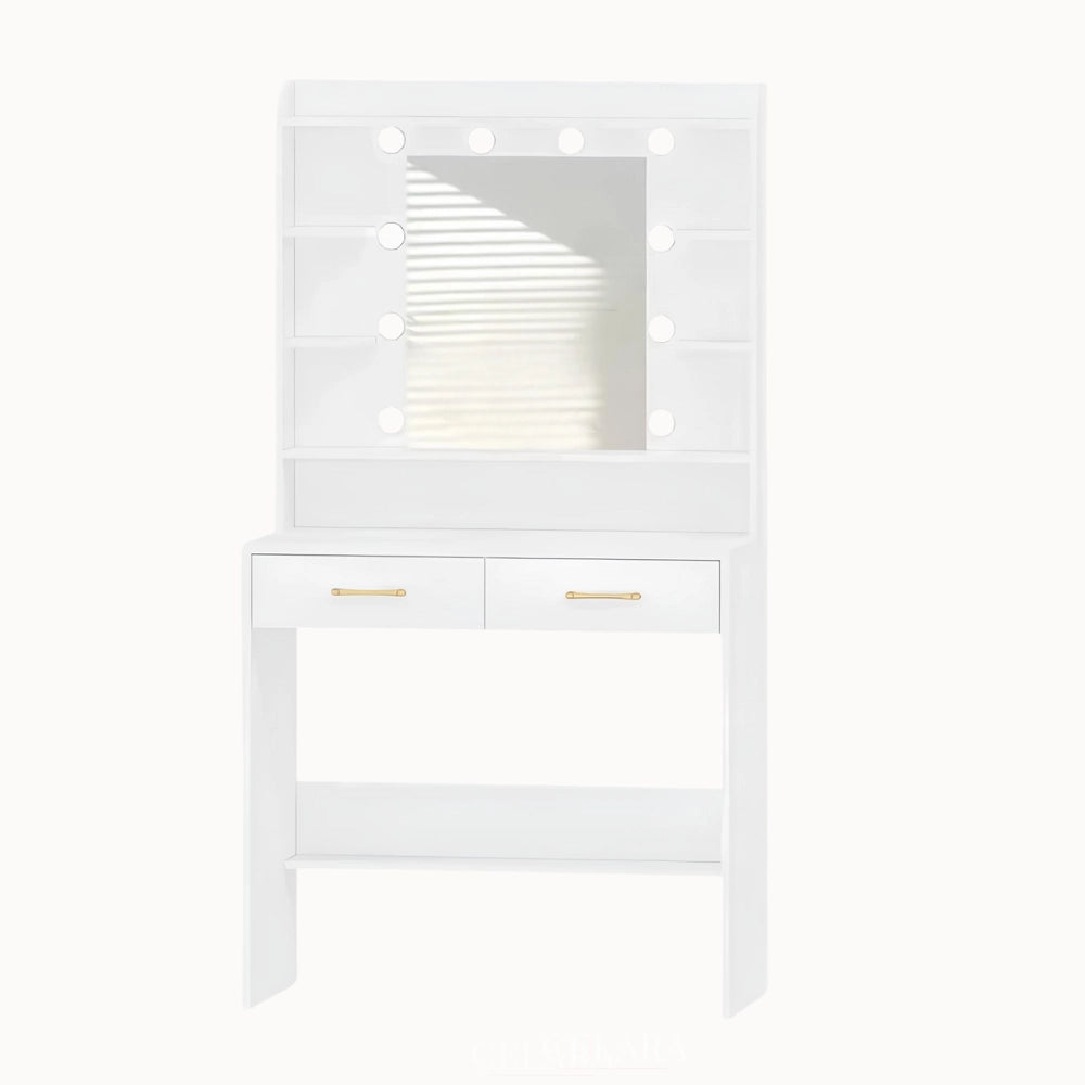 Coiffeuse Maïa blanche avec miroir LED et étagères intégrées – CELARA