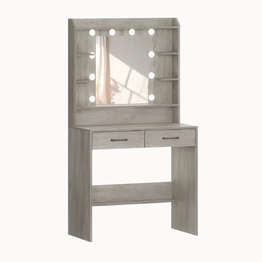 Coiffeuse Maïa en bois avec miroir LED et étagères intégrées – CELARA