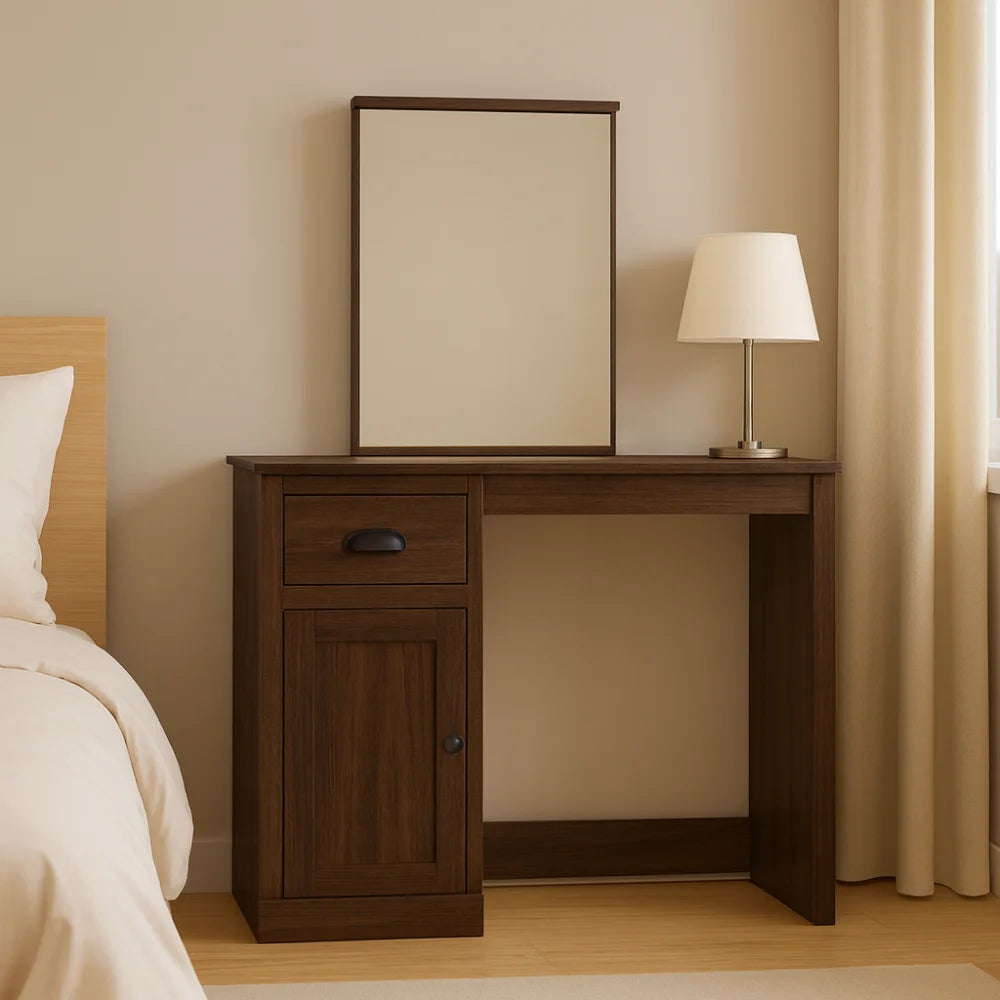 Coiffeuse Sofia en bois foncé avec miroir rectangulaire et tiroir de rangement, meuble élégant pour chambre contemporaine.