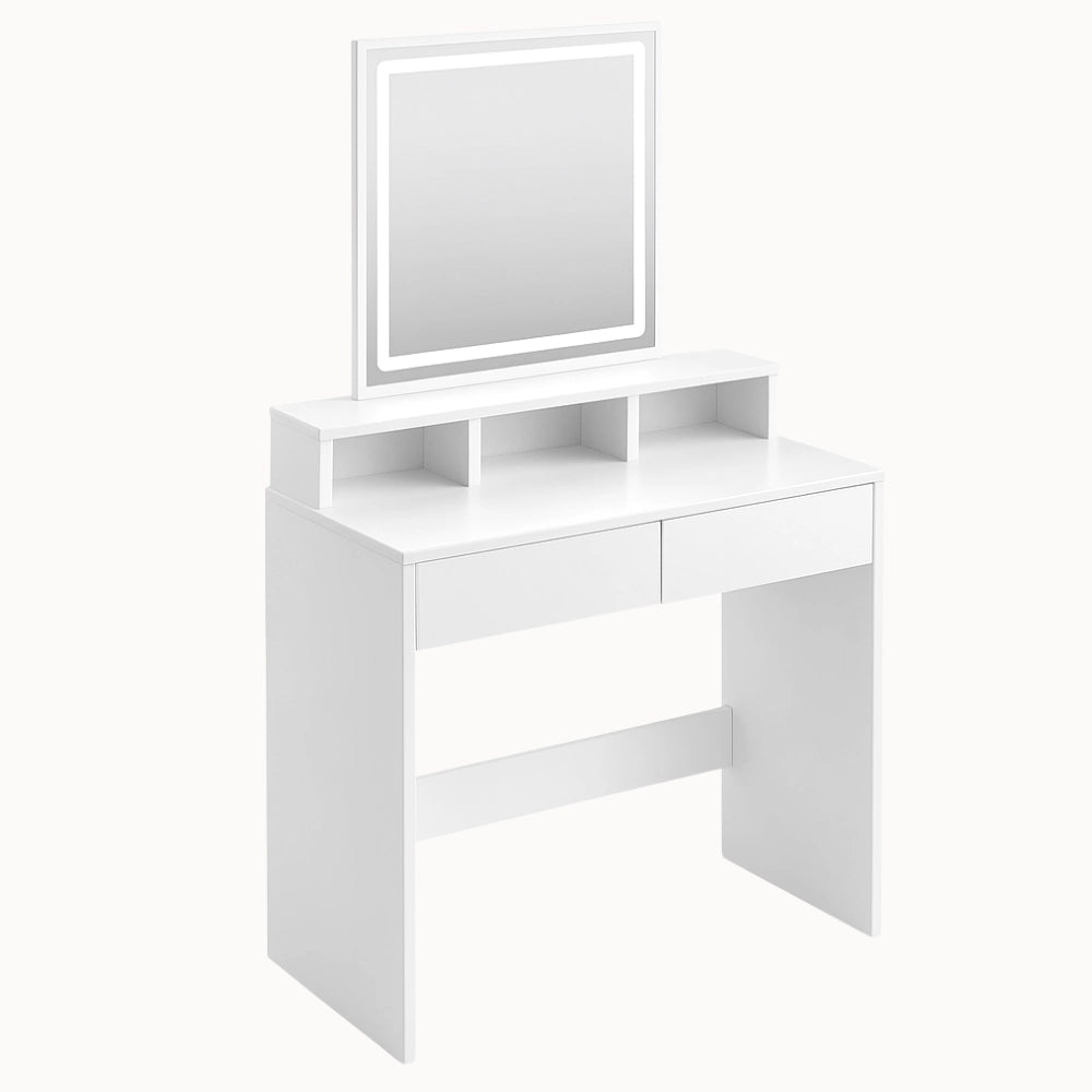 Coiffeuse ALYNA blanche avec miroir LED intégré et rangements ouverts, design minimaliste et moderne pour chambre.