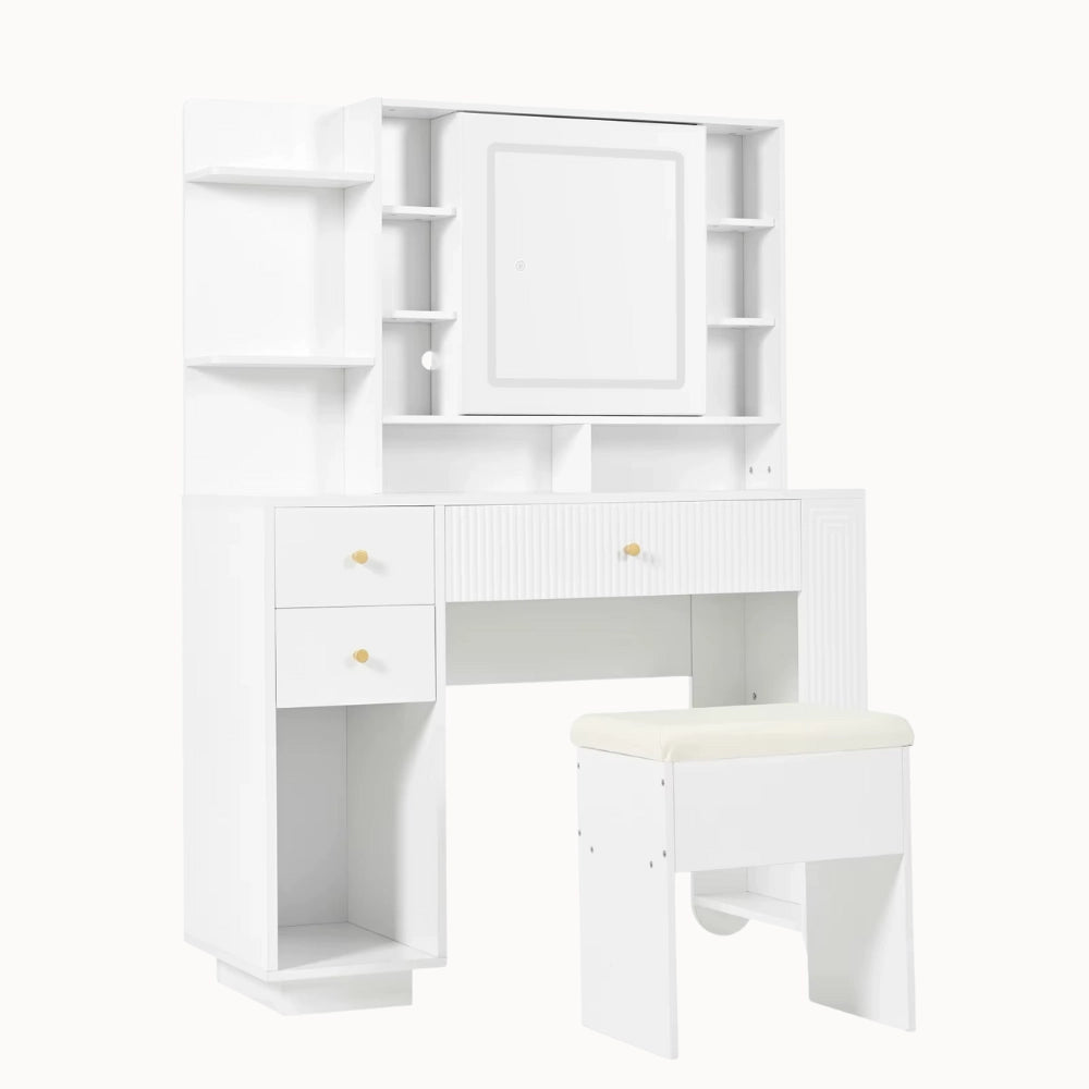 Coiffeuse AMÉLIE avec miroir LED réglable et multiples rangements – CELARA