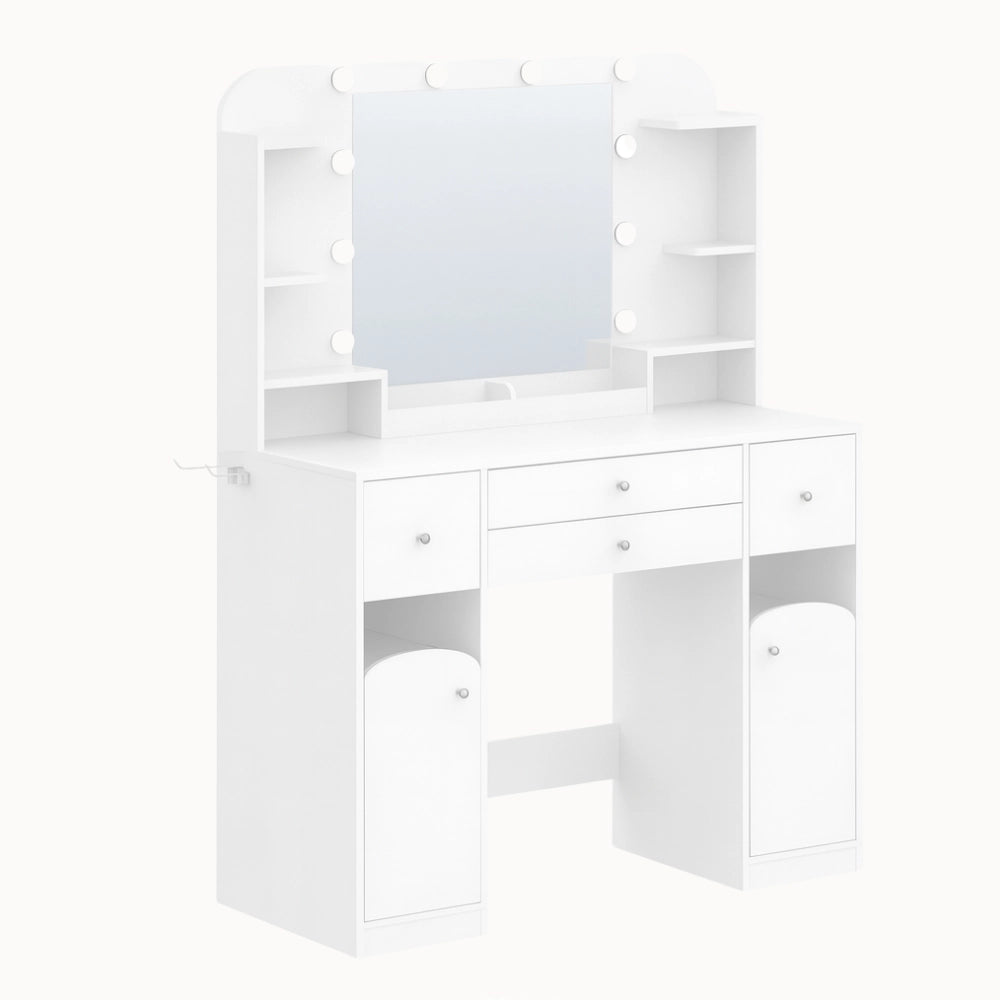 Coiffeuse AURORE blanche avec miroir lumineux et nombreux rangements - CELARA 