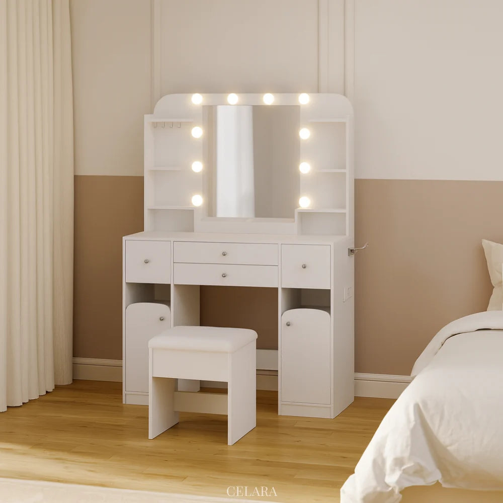 Coiffeuse Aurore blanche avec miroir lumineux LED, tiroirs spacieux et tabouret assorti, meuble de chambre moderne et fonctionnel CELARA.