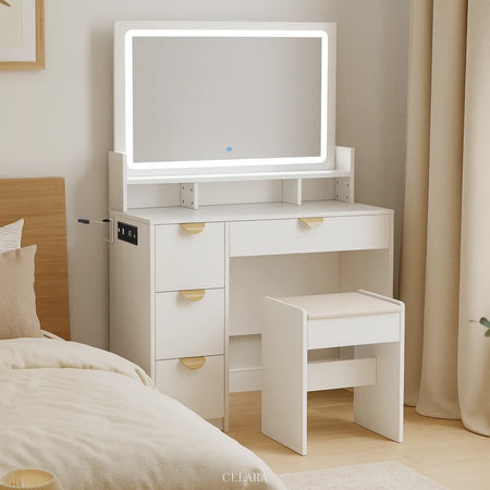 Coiffeuse blanche avec miroir LED réglable et tiroirs, meuble moderne de chambre CELARA modèle FARAH