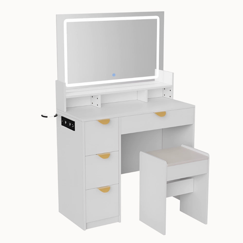 Coiffeuse FARAH blanche avec miroir LED réglable et multiples rangements pour une chambre moderne - CELARA