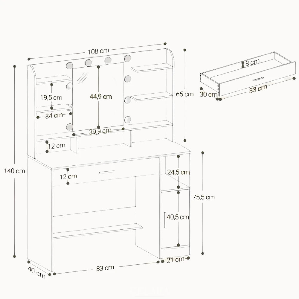 Schéma technique et dimensions de la coiffeuse Isaline avec miroir LED et rangements - CELARA