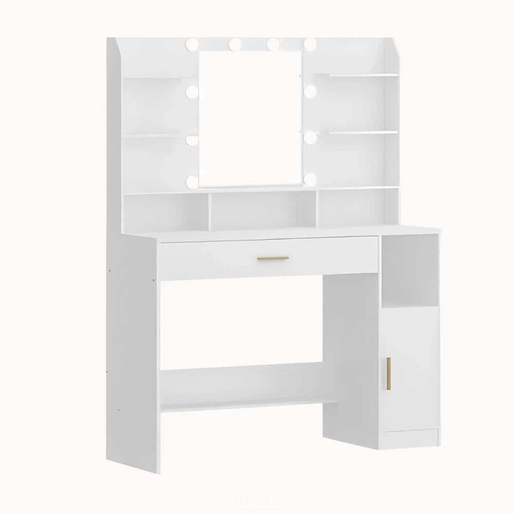 Coiffeuse blanche avec miroir LED et rangements – modèle ISALINE