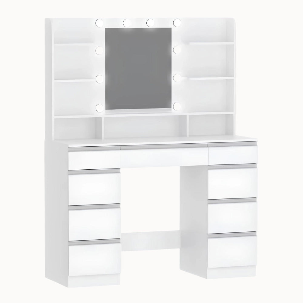 Coiffeuse Laure blanche avec miroir LED et finitions argentées – CELARA