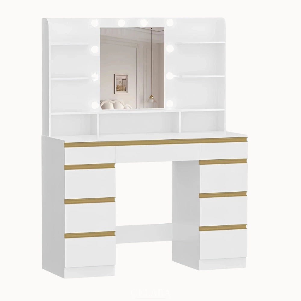 Coiffeuse Laure blanche avec miroir LED et finitions dorées – CELARA