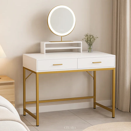 Coiffeuse blanche avec miroir LED rond et tiroirs dorés, meuble élégant CELARA modèle LIMA