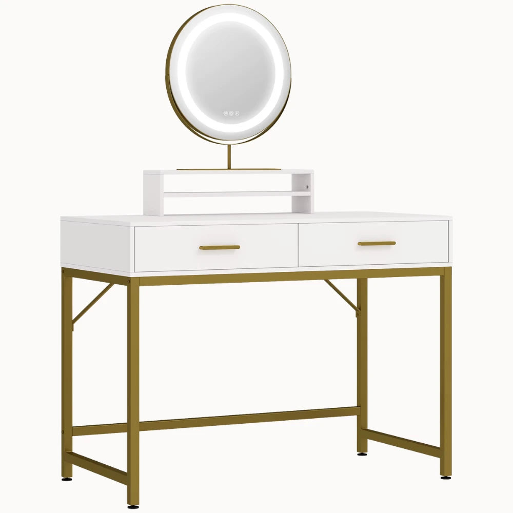 Coiffeuse LIMA blanche et dorée avec miroir LED rond design moderne - CELARA