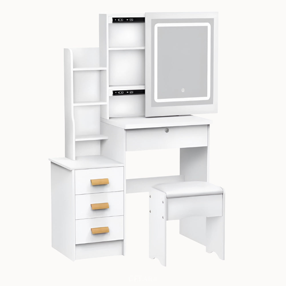 Coiffeuse LUNIA avec miroir LED coulissant et rangements pratiques pour un espace beauté organisé et élégant