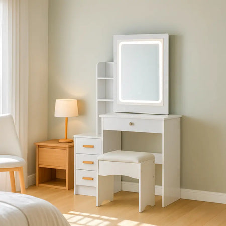 Coiffeuse blanche avec miroir LED coulissant et rangements, meuble moderne CELARA modèle LUNIA. 