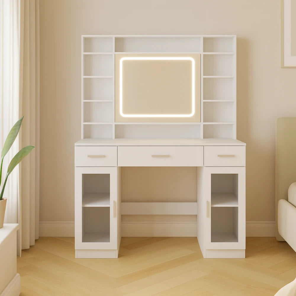 Coiffeuse LYS blanche moderne avec miroir lumineux LED et étagères de rangement, style minimaliste pour chambre ou dressing