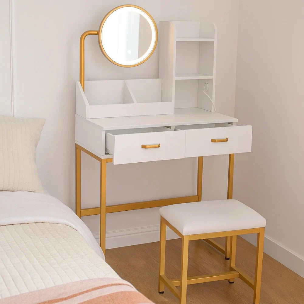 Coiffeuse blanche avec miroir rond rotatif et tiroirs dorés, meuble moderne CELARA modèle MIRABELLA