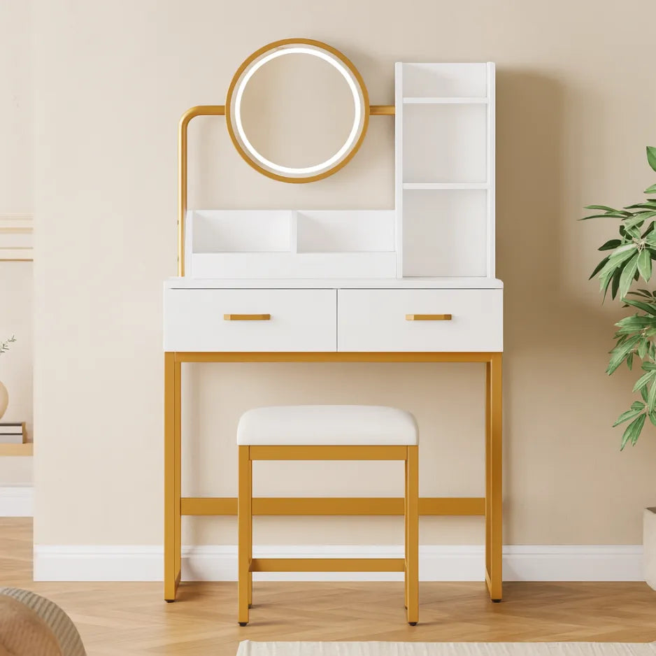 Coiffeuse Mirabella blanche et dorée avec miroir rond lumineux LED, étagères latérales et tabouret assorti, meuble design et raffiné pour chambre CELARA.