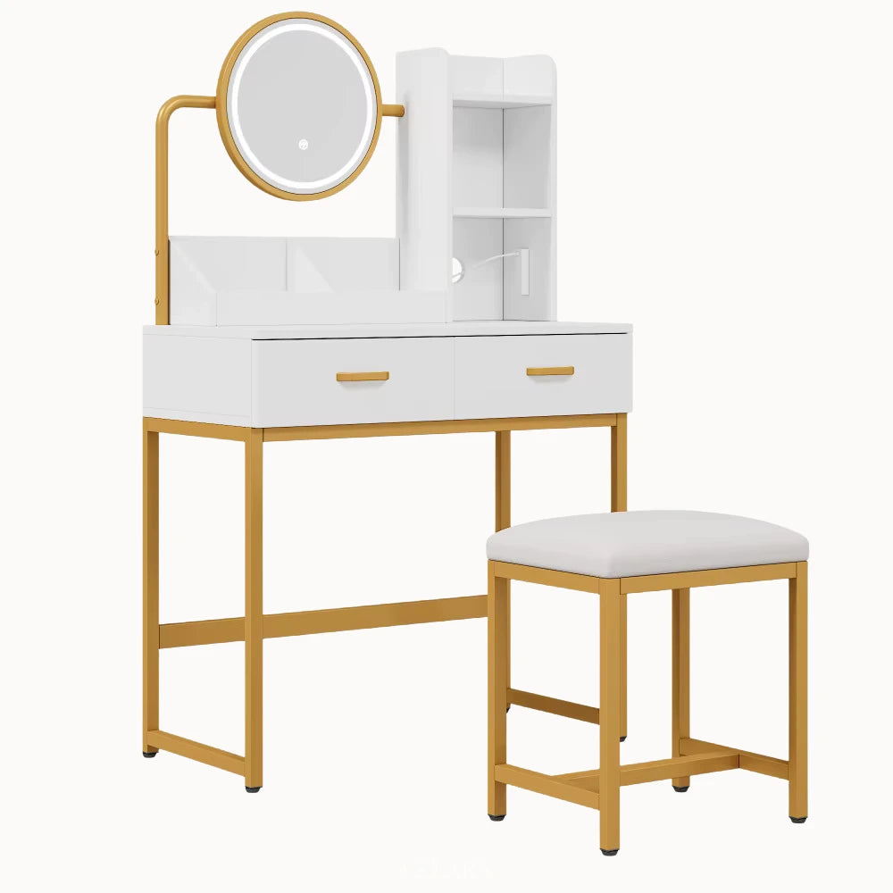 Coiffeuse MIRABELLA élégante avec miroir LED rond, rangements ouverts et tiroirs, design moderne blanc et doré. 