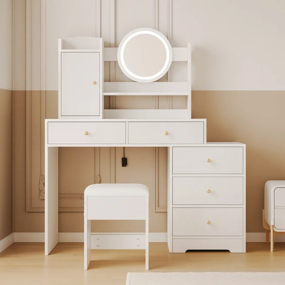 Coiffeuse Nadia blanche avec miroir rond lumineux LED, tiroirs de rangement et tabouret assorti, meuble moderne et élégant pour chambre CELARA.