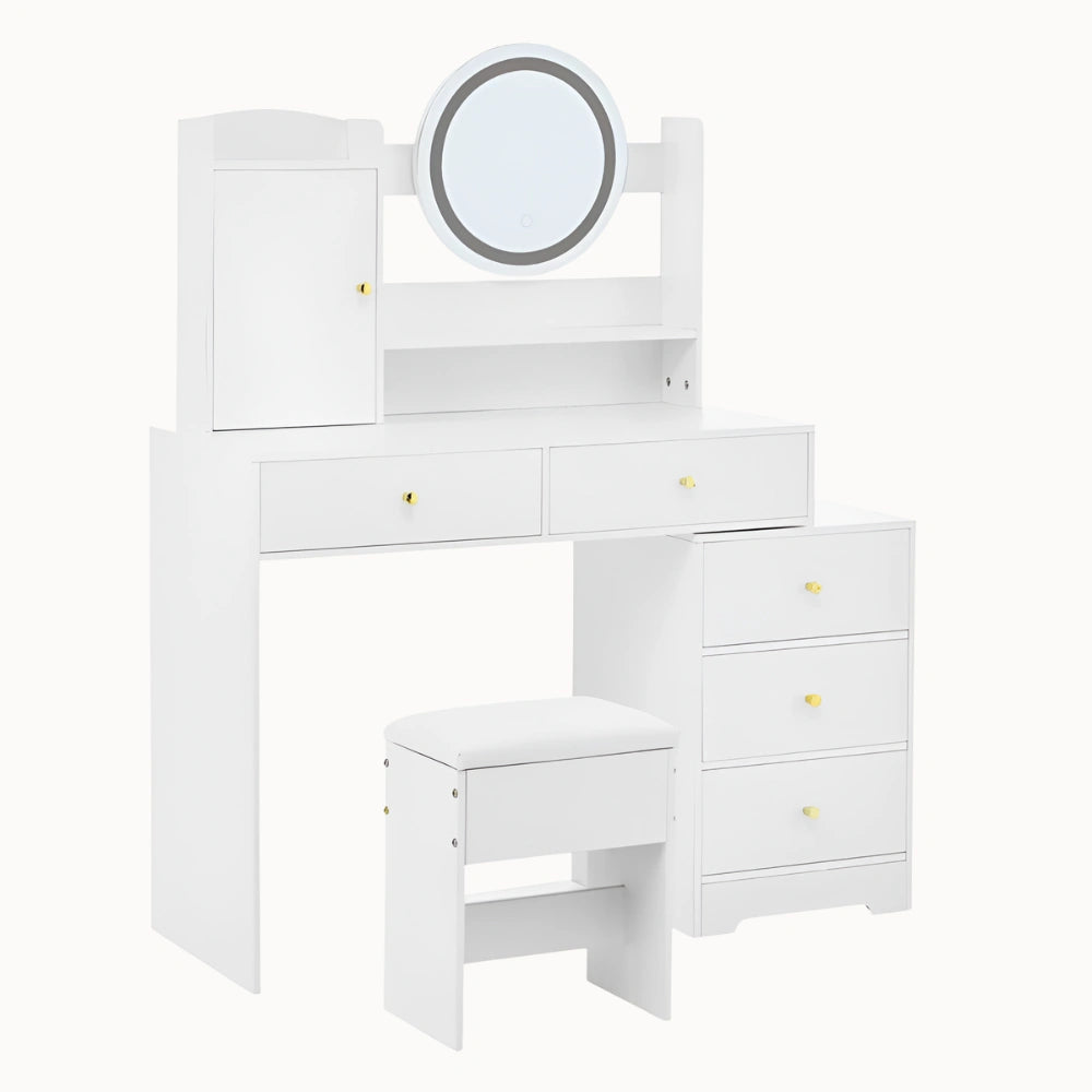 Coiffeuse NADIA blanche avec miroir rond et grands rangements - CELARA