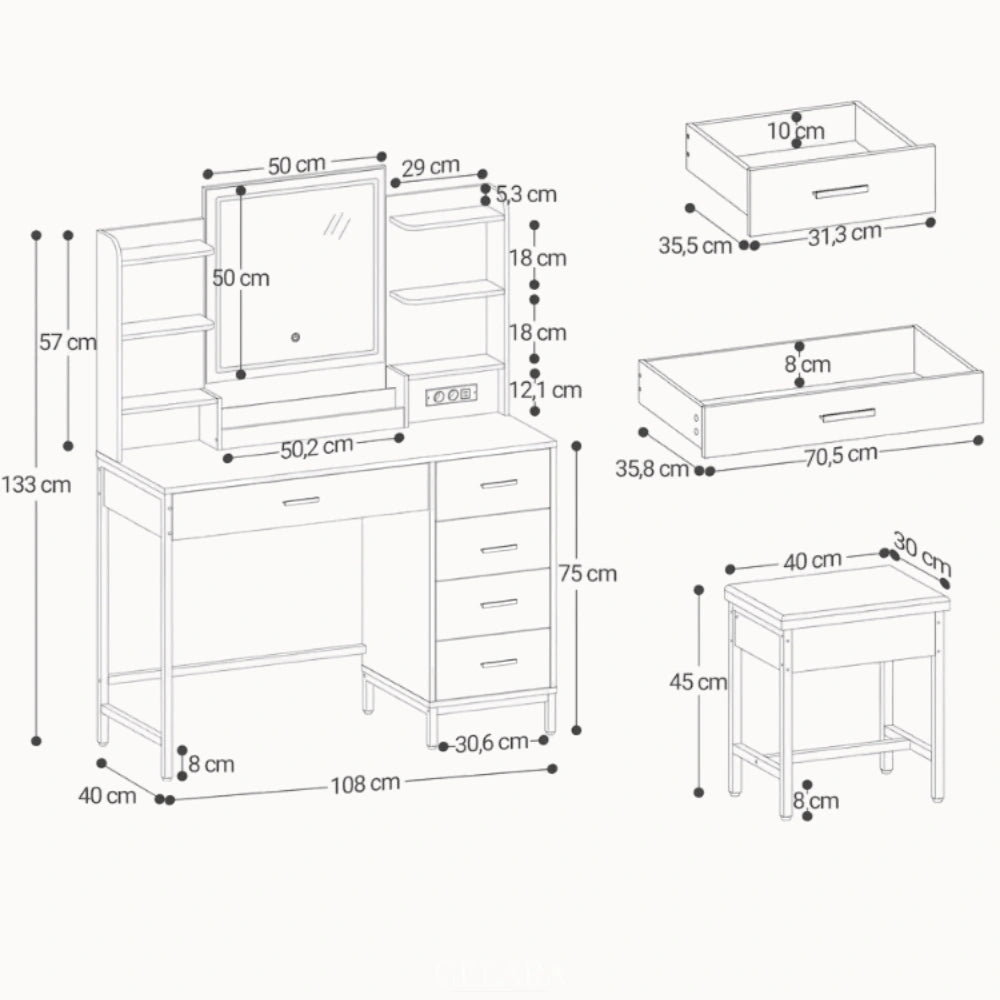 Schéma technique et dimensions de la coiffeuse Victoria avec miroir LED et rangements - CELARA
