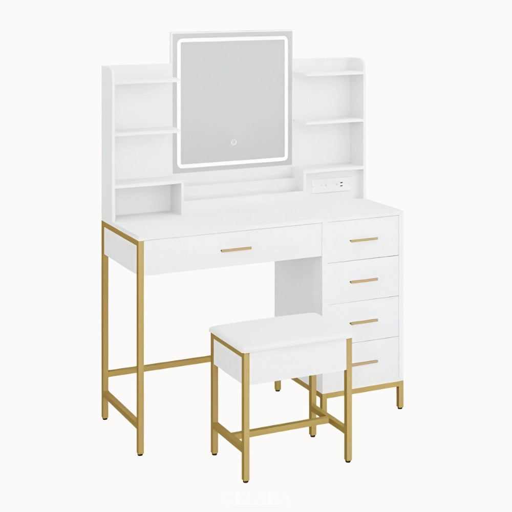 Coiffeuse blanche avec miroir et rangements multiples – modèle Victoria avec finitions dorées