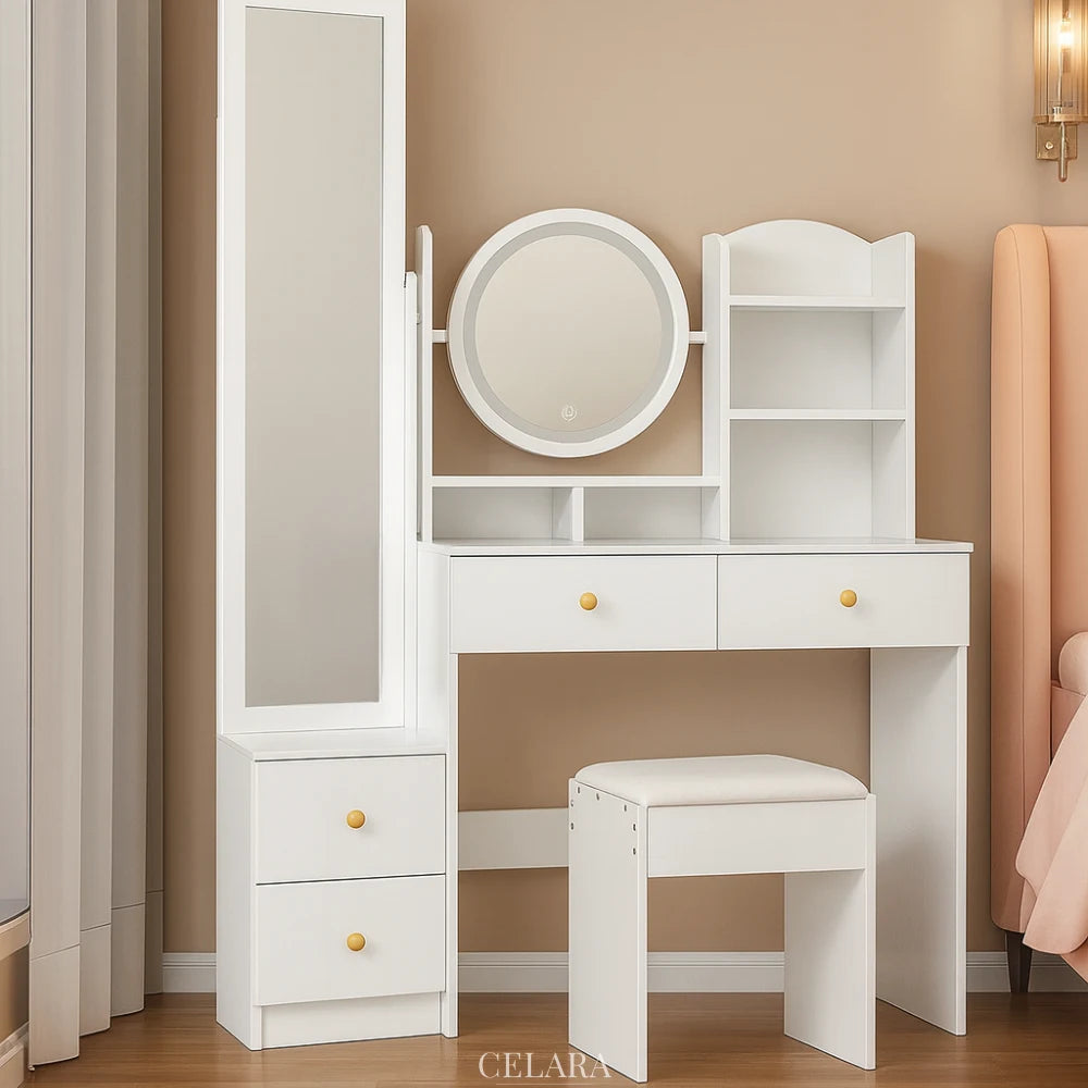 Coiffeuse blanche avec miroir LED rond réglable et tiroirs spacieux, meuble moderne CELARA modèle ANNA