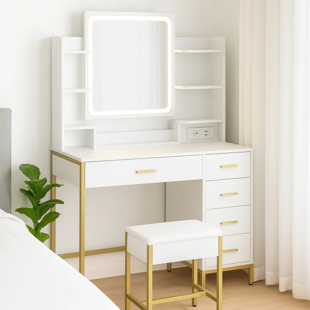 Coiffeuse blanche avec miroir LED et finitions dorées, meuble moderne et élégant CELARA modèle VICTORIA